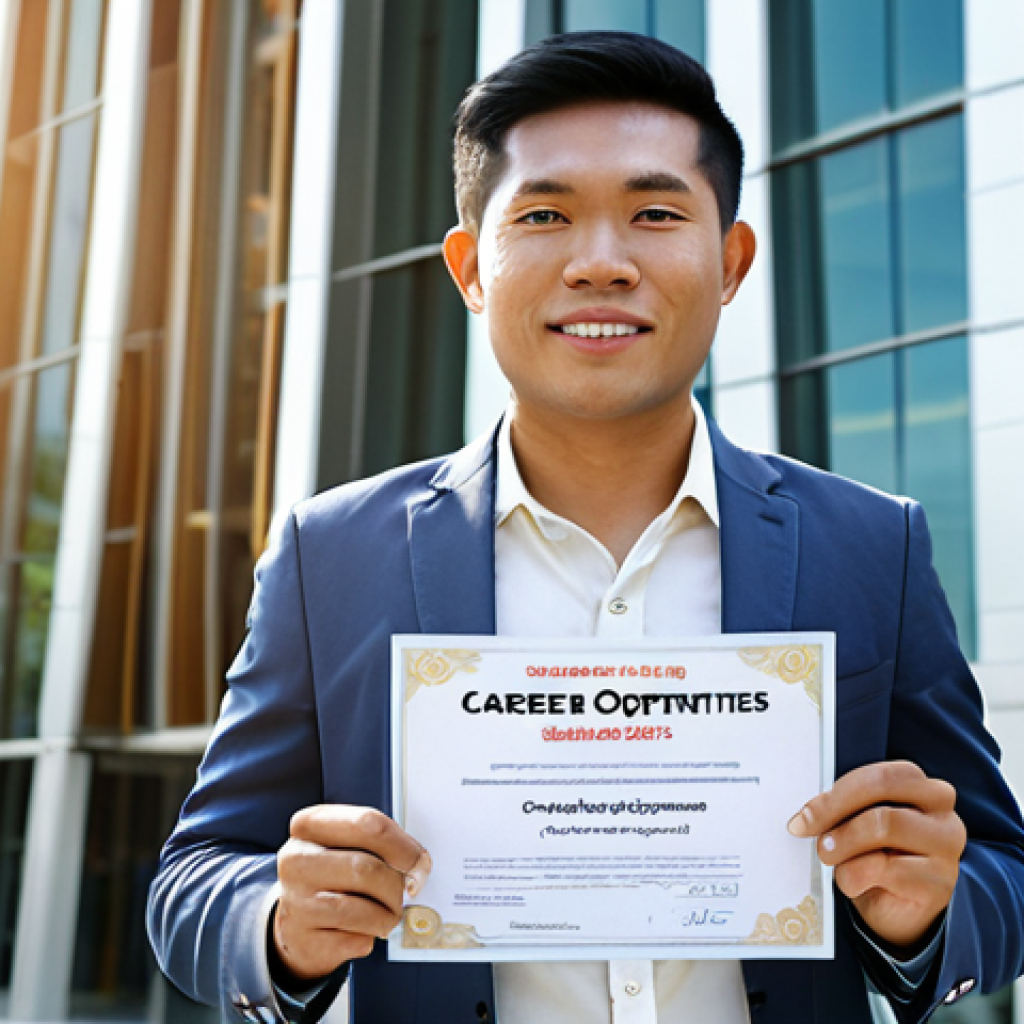 **Image Prompt:** A confident Thai professional standing in front of a modern office building, holding an online search certificate. Sunlight beaming down, symbolizing opportunity. Text overlay: "Unlocking Career Opportunities: Data Search Certificate."