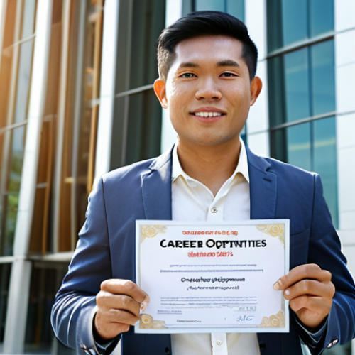 **Image Prompt:** A confident Thai professional standing in front of a modern office building, holding an online search certificate. Sunlight beaming down, symbolizing opportunity. Text overlay: "Unlocking Career Opportunities: Data Search Certificate."