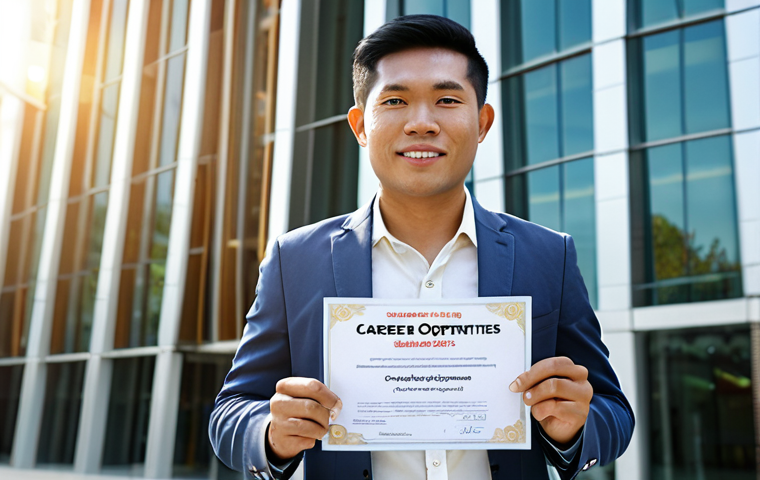 **Image Prompt:** A confident Thai professional standing in front of a modern office building, holding an online search certificate. Sunlight beaming down, symbolizing opportunity. Text overlay: "Unlocking Career Opportunities: Data Search Certificate."