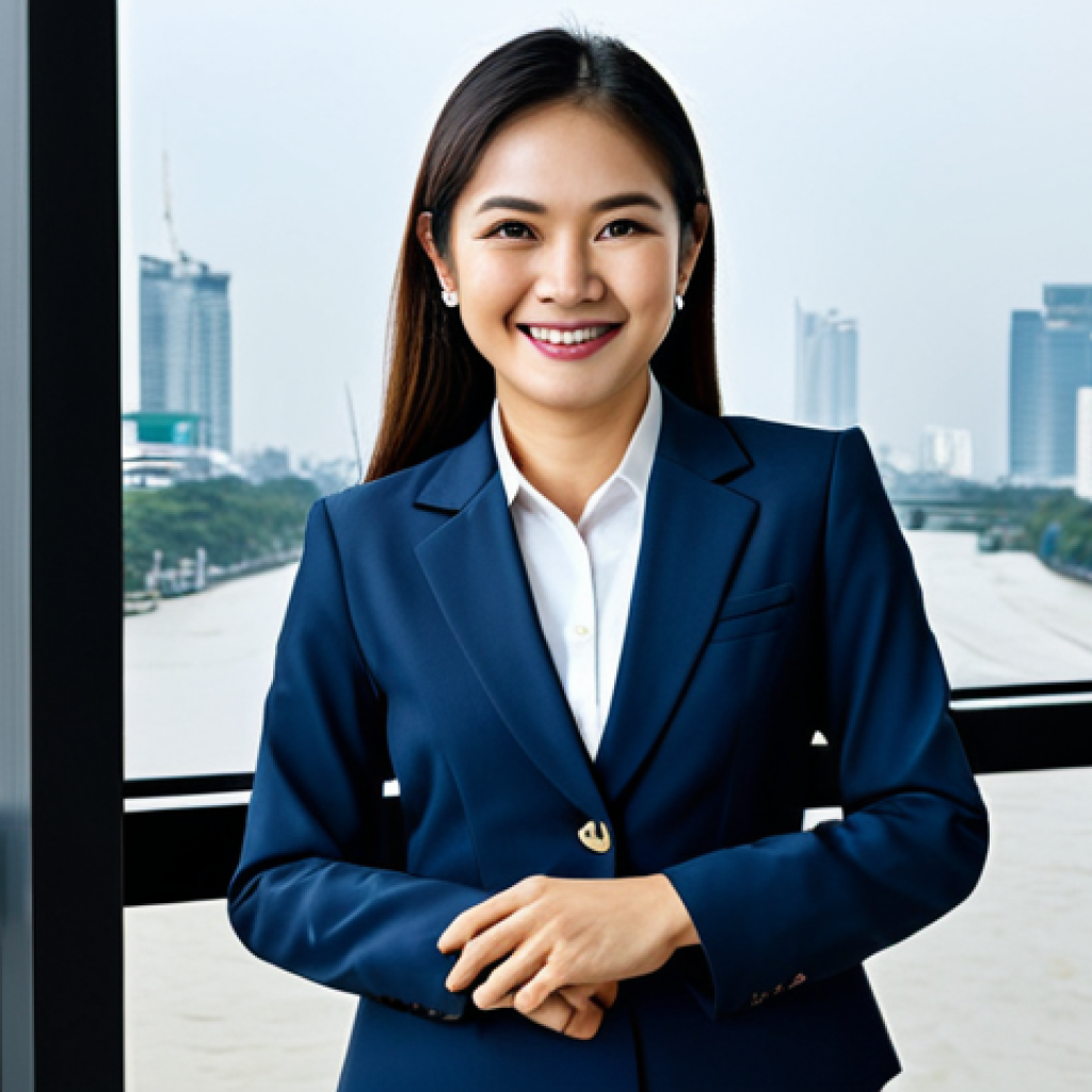 **

A Thai businesswoman in a modern office in Bangkok, fully clothed in a professional business suit, smiling confidently. View of the Chao Phraya River through the window. Appropriate attire, safe for work, perfect anatomy, natural proportions, professional photography, high quality, family-friendly.

**