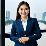 **

A Thai businesswoman in a modern office in Bangkok, fully clothed in a professional business suit, smiling confidently. View of the Chao Phraya River through the window. Appropriate attire, safe for work, perfect anatomy, natural proportions, professional photography, high quality, family-friendly.

**