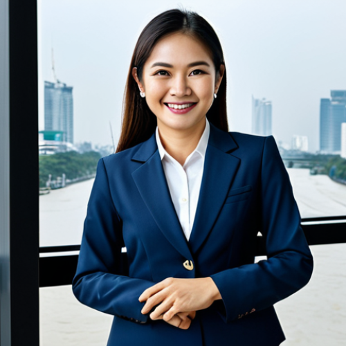 Home 13 **
A Thai businesswoman in a modern office in Bangkok, fully clothed in a professional business suit, smiling confidently. View of the Chao Phraya River through the window. Appropriate attire, safe for work, perfect anatomy, natural proportions, professional photography, high quality, family-friendly.
**