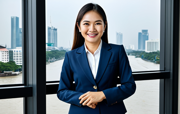 **
A Thai businesswoman in a modern office in Bangkok, fully clothed in a professional business suit, smiling confidently. View of the Chao Phraya River through the window. Appropriate attire, safe for work, perfect anatomy, natural proportions, professional photography, high quality, family-friendly.
**